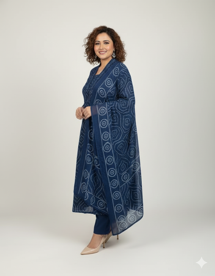 Indigo Bandhani Print Pleated Suit Set