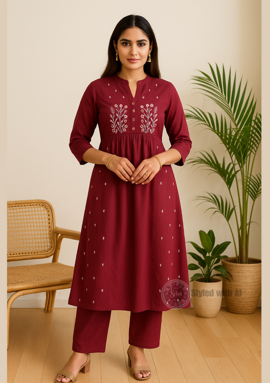 Dark Mauve Straight Embroidered Cotton Kurta Pant