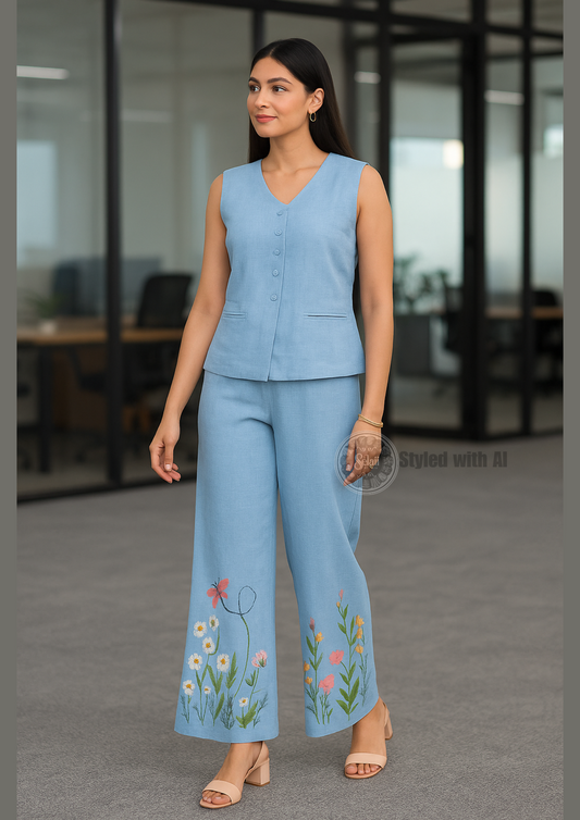 Blue Sleeveless Embroidered Cotton Slub Co-ord Set