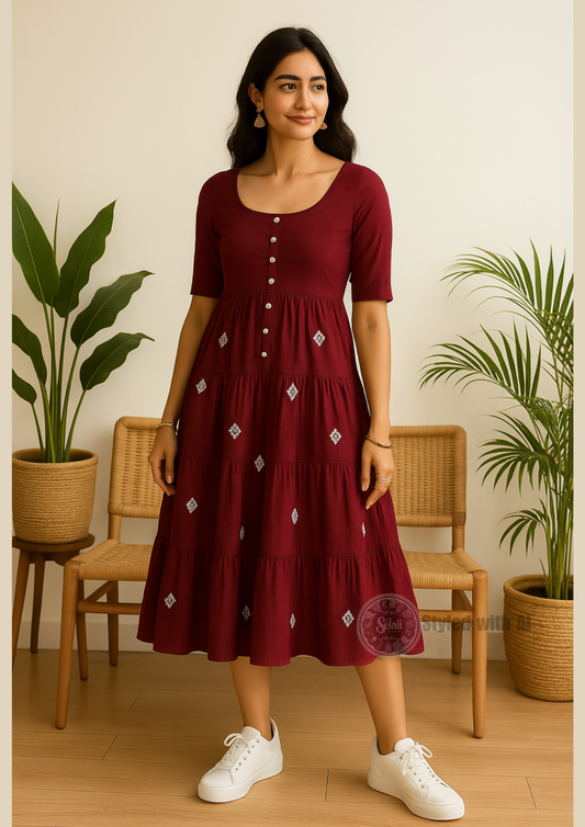 Maroon Flared Printed Cotton Midi Dress