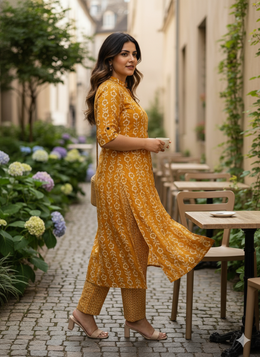 Mustard Straight Printed Cotton Kurta Pant