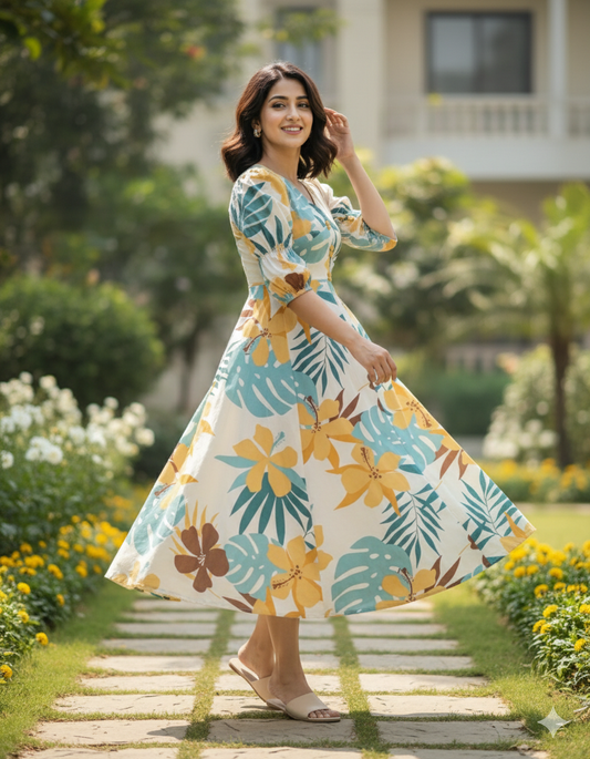 Off-White Cotton Dress with Yellow Floral Print