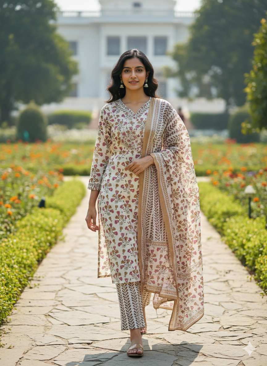 Floral Printed White Suit Set