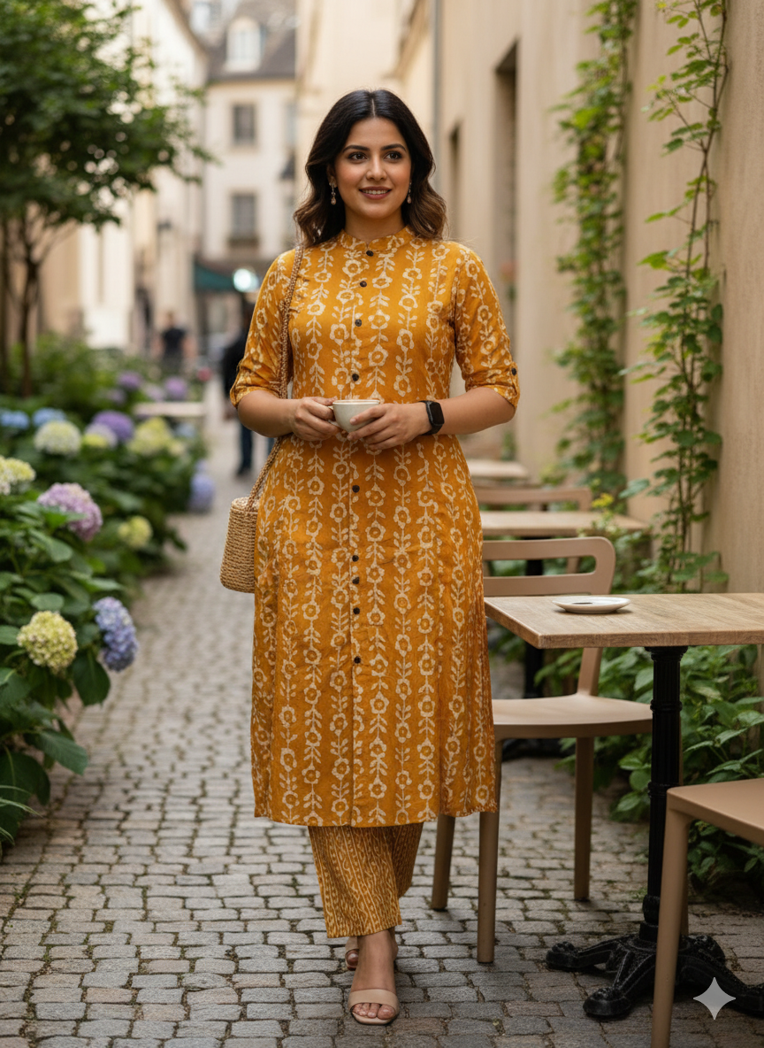 Mustard Straight Printed Cotton Kurta Pant