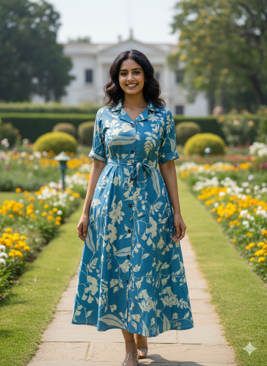 Sky Blue A-Line Dress with White Floral Print