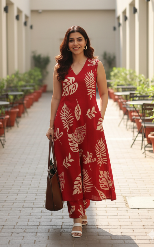 Red Printed Cotton Co-ord Set