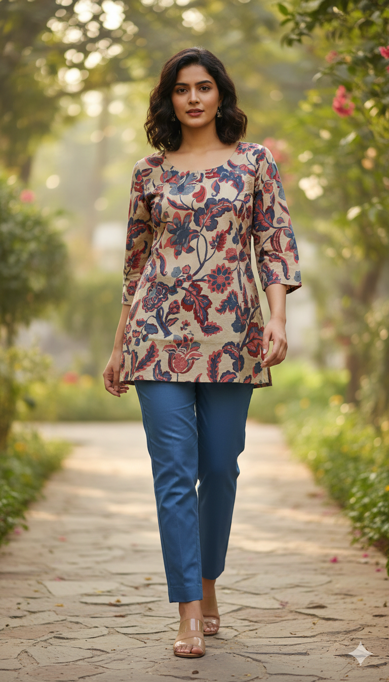 Beige Floral Kalamkari V-Neck Short Kurti