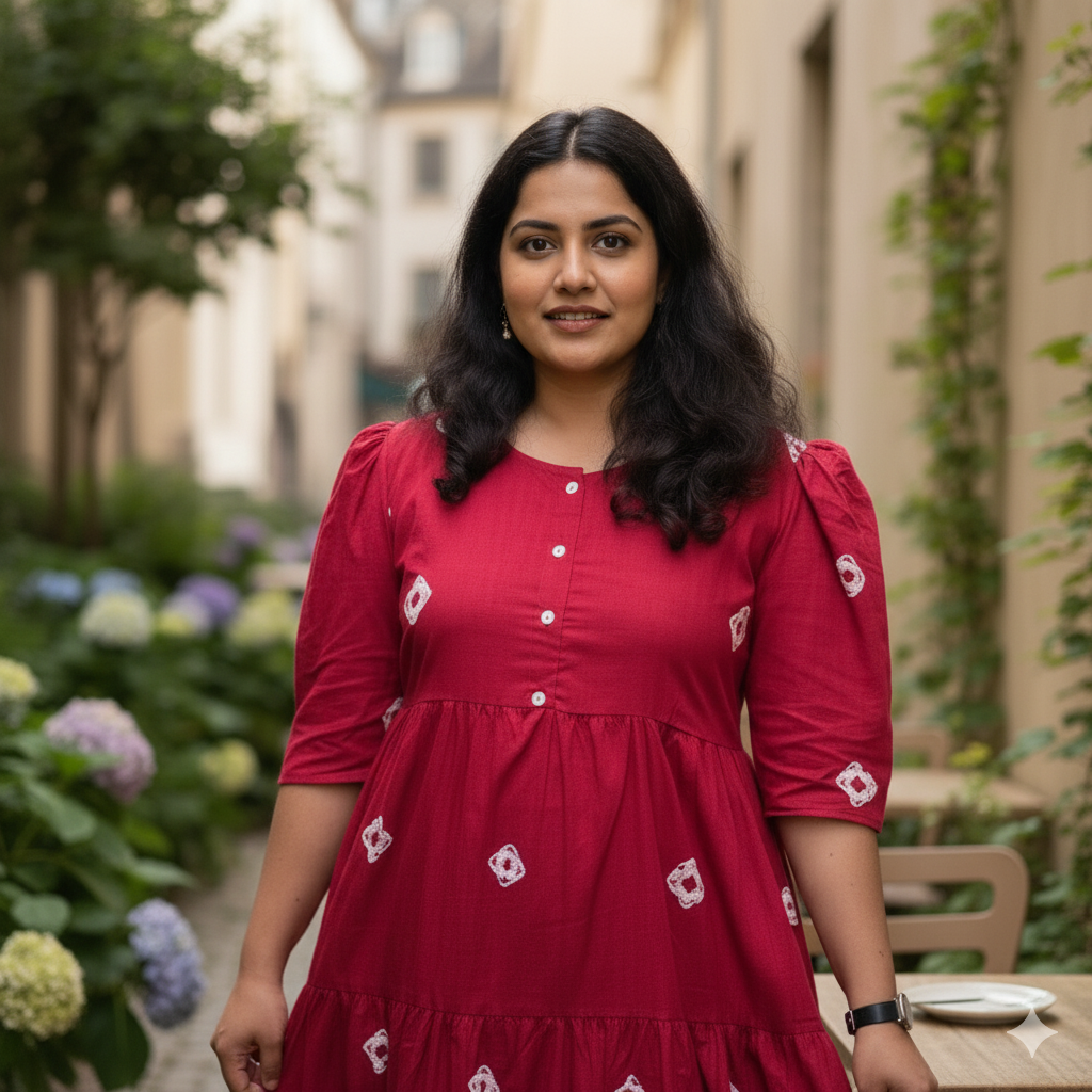 Maroon Flared Printed Cotton Midi Dress