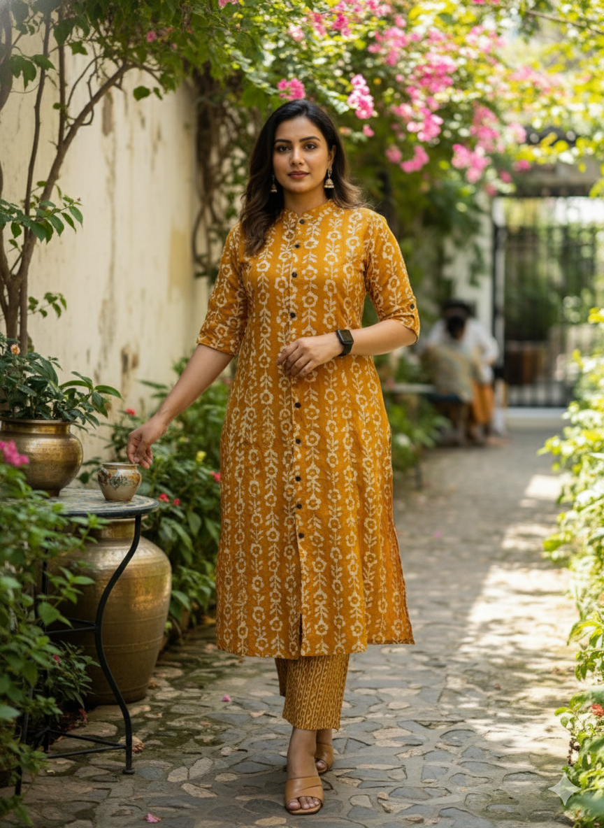 Mustard Straight Printed Cotton Kurta Pant