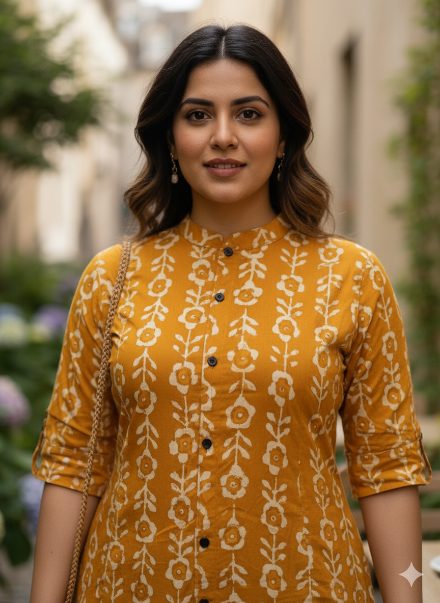 Mustard Straight Printed Cotton Kurta Pant