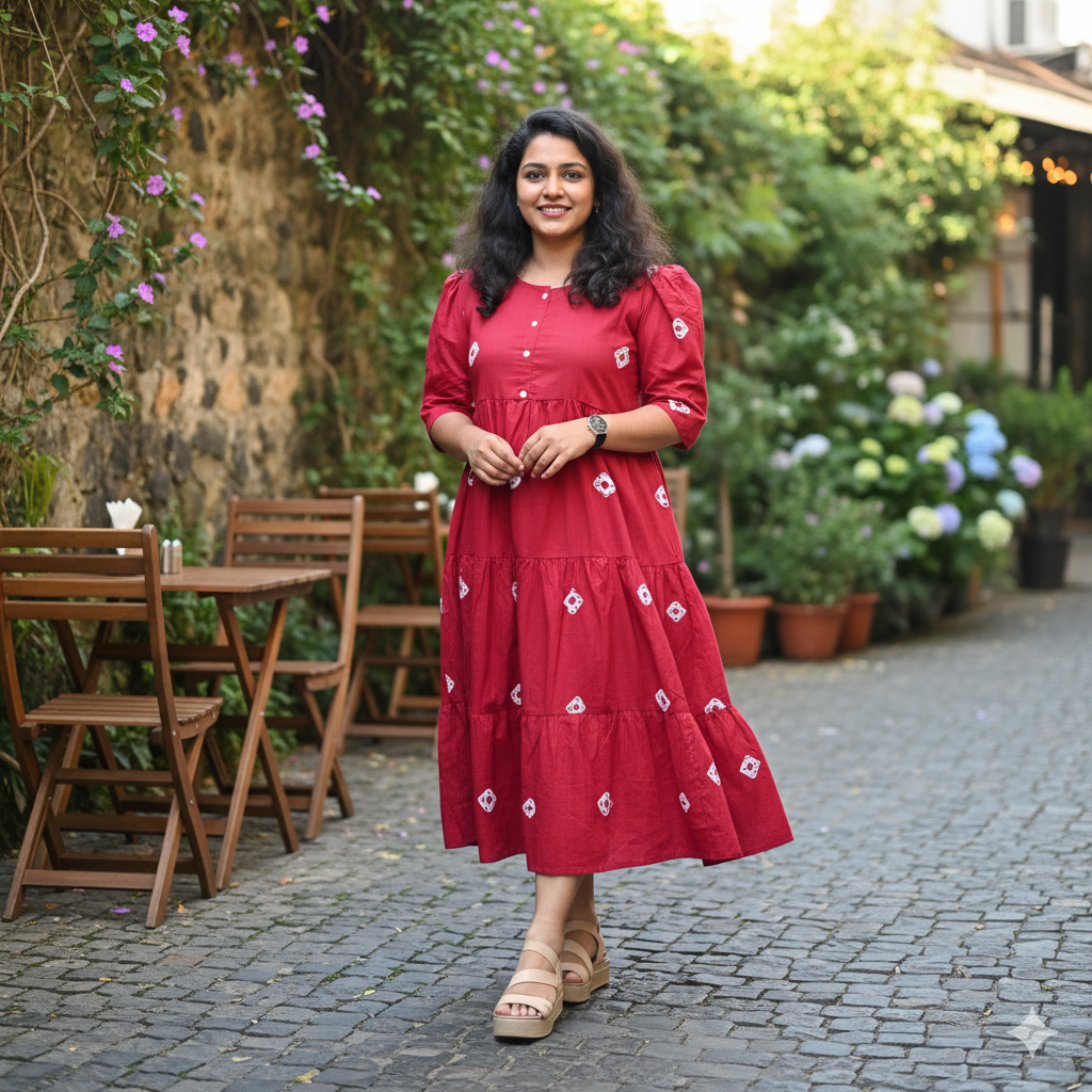 Maroon Flared Printed Cotton Midi Dress