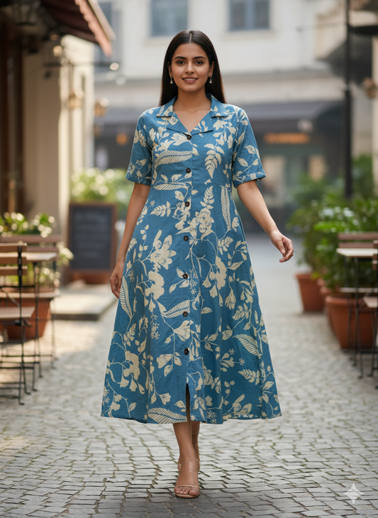 Sky Blue A-Line Dress with White Floral Print