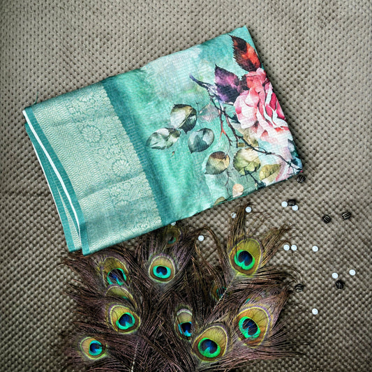 Floral Printed Georgette Saree - Green