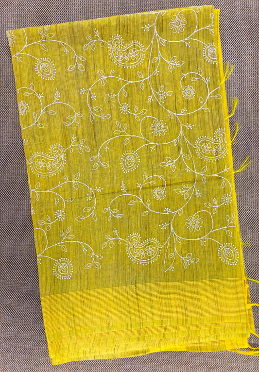 Yellow Saree with Floral Embroidery Work