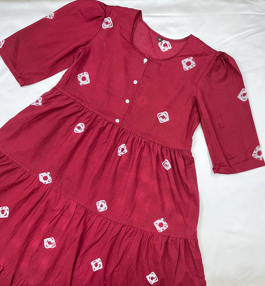 Maroon Flared Printed Cotton Midi Dress