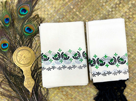 Black & Green Floral Printed Set Mundu