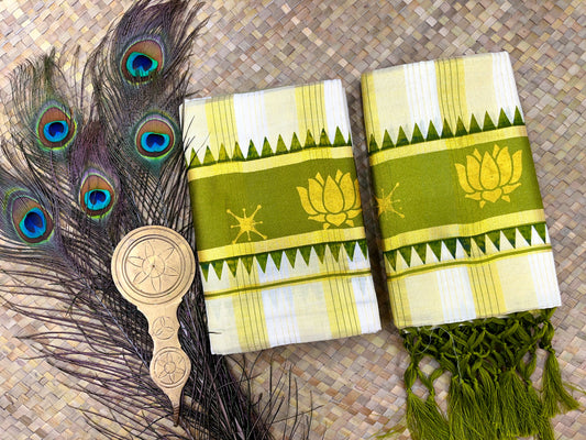 Green Temple Border with Golden Lotus Stripe Set Mundu