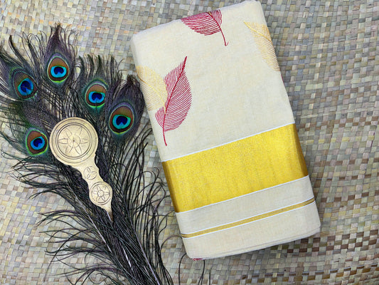 Red & Gold Leaf Embroidery Tissue Set Saree