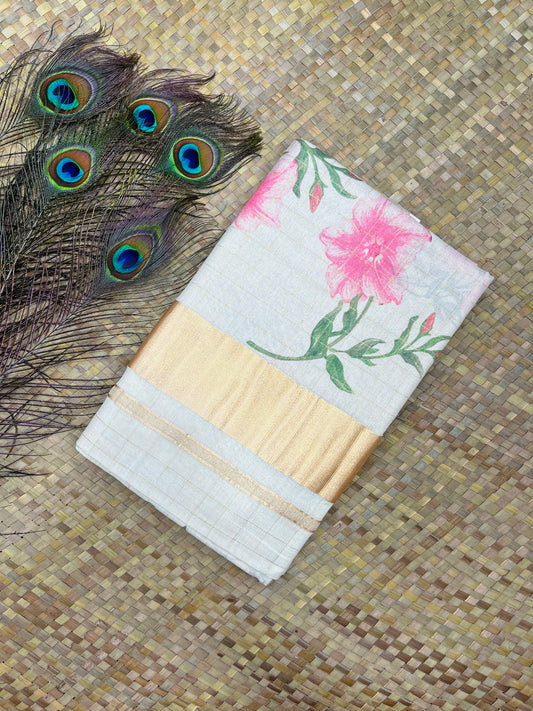 Copper Zari Border with Pink Floral Print and Checks Tissue Set Saree