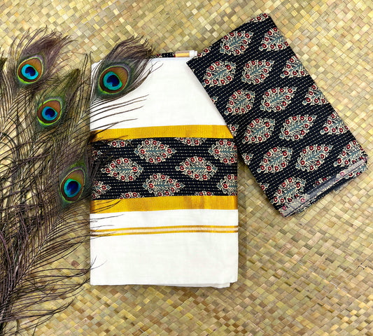 Black Ajrakh and Golden Zari Border Set Saree