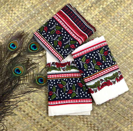 Black Border with Red & Green Floral Printed Set Mundu and Blouse
