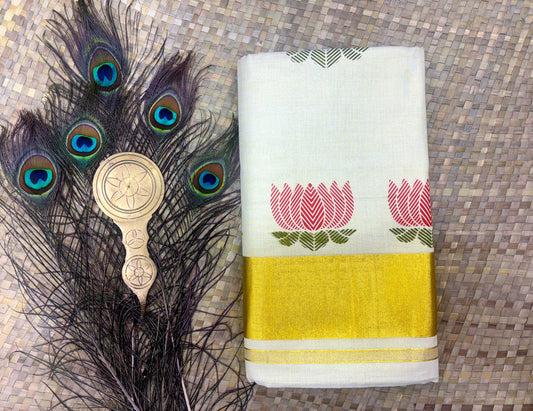 Golden Zari with Lotus Print Tissue Set Saree