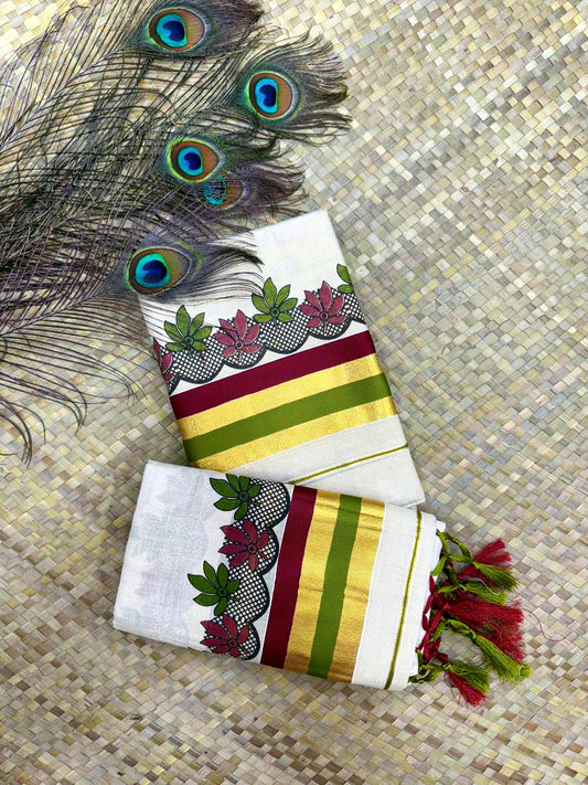 Wine & Green Floral Print with Golden Zari Tissue Set Mundu