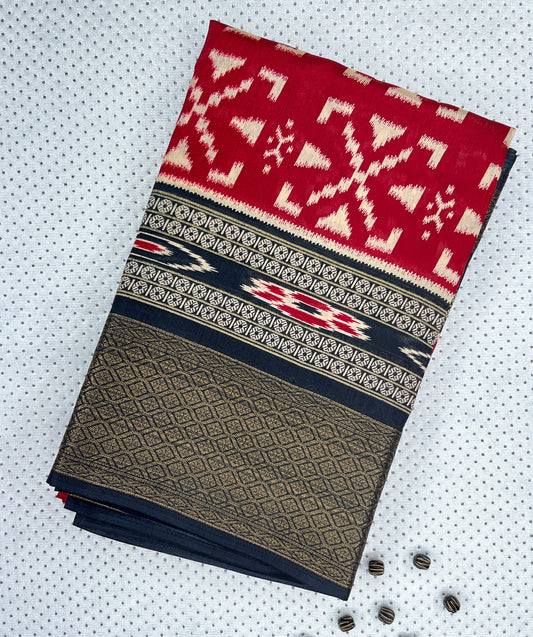 Ikat Printed Saree - red with black border