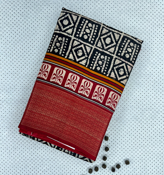 Ajrakh Printed Saree - black with red border block print