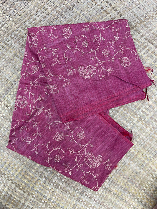 Pink Saree with Floral Embroidery Work
