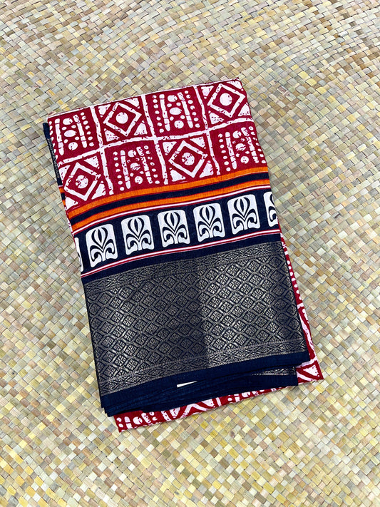 Ajrakh Printed Saree - red with black border block print