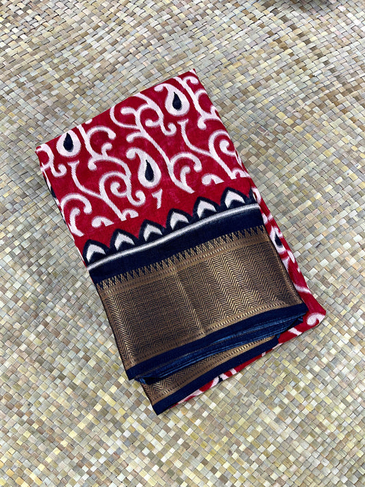 Ajrakh Printed Saree - red with black border floral print