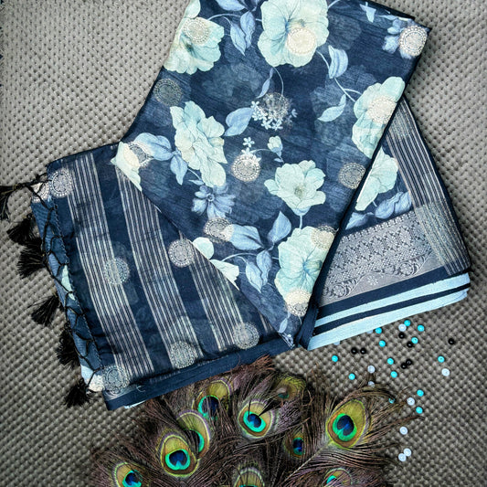 Floral Printed Saree - Black