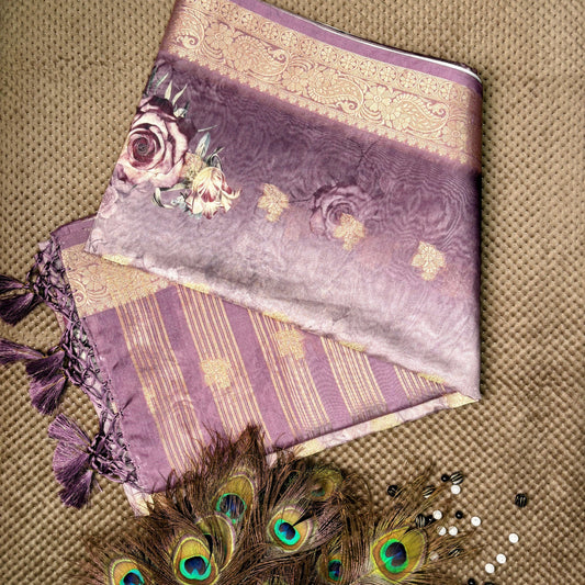 Floral Printed Saree - onion violet color