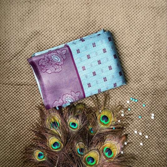 Semi Silk Saree - light blue with violet border