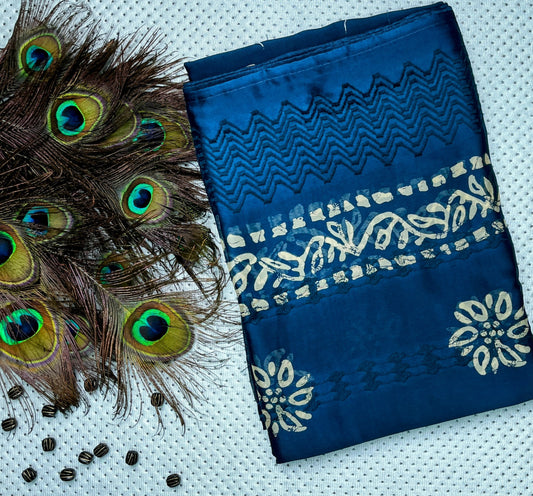 Printed Georgette Saree - peacock blue