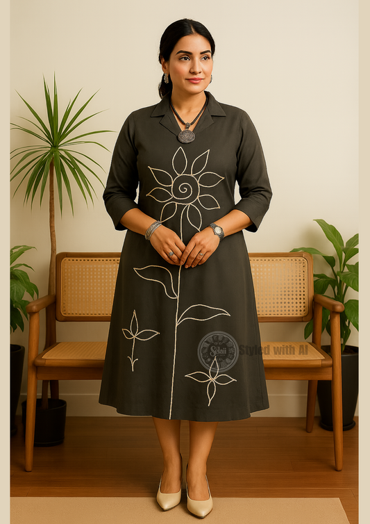 Charcoal Green Embroidered Dress