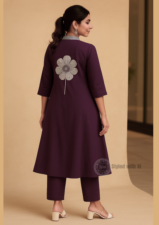 Purple Mirrorwork Embroidered A-Line Kurta Pant