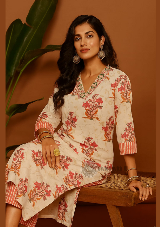 Off-White Suit Set with Pink Floral Print