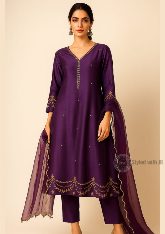 Purple Premium Hand-Embroidered Suit Set