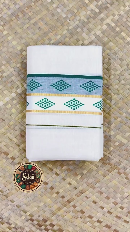 Bottle Green Diamond Printed with Golden Zari Set Mundu