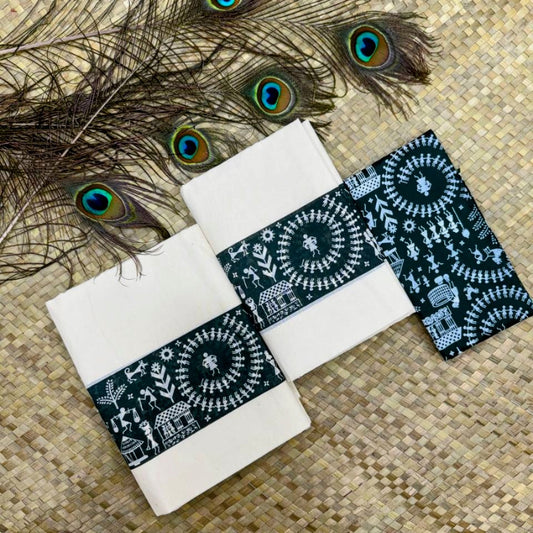 Dark Green Warli Art Set Mund and Blouse