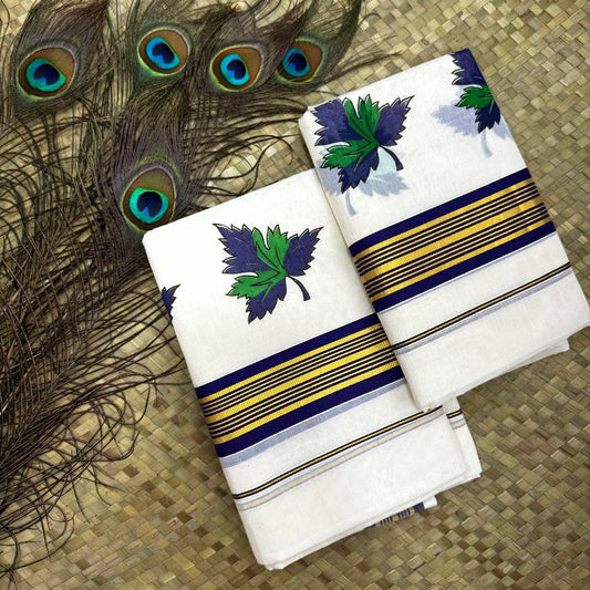 Purple & Green Grape Leaf Printed Set Mundu