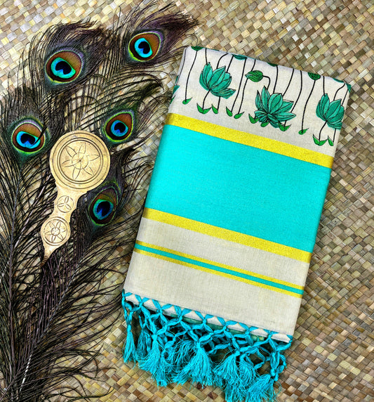 Cyan border Golden Tissue with Small Lotus Print Set Saree