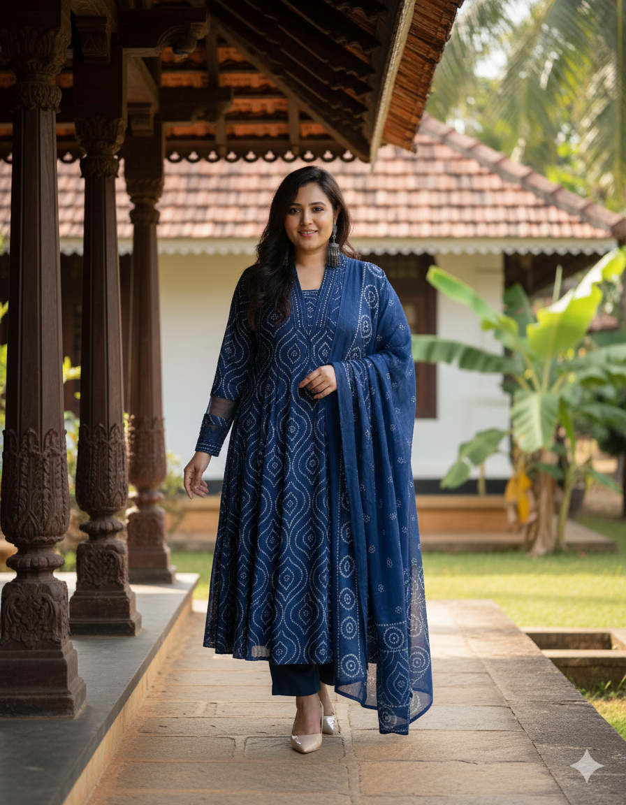 Indigo Bandhani Print Pleated Suit Set