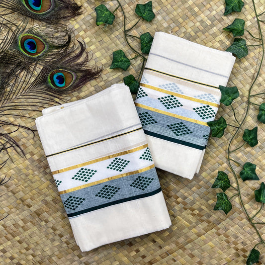 Bottle Green Diamond Printed with Golden Zari Set Mundu