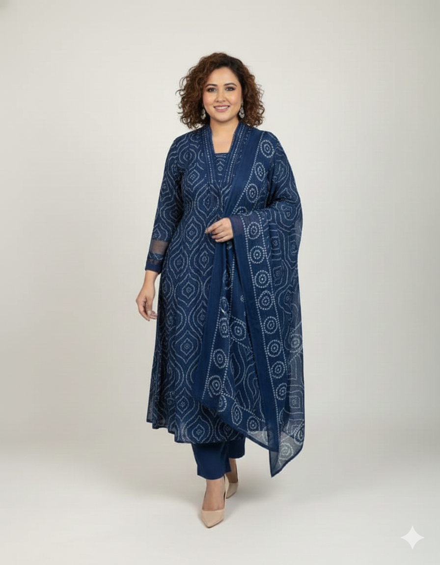 Indigo Bandhani Print Pleated Suit Set