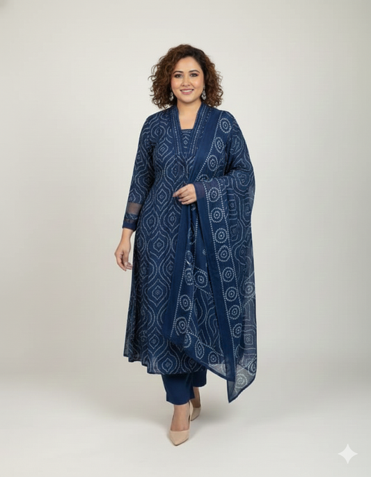 Indigo Bandhani Print Pleated Suit Set