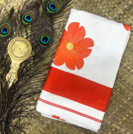 Red-Orange Flower Embroidery Set Saree