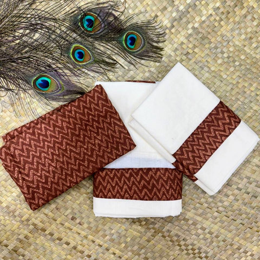 Brown Printed Set Mundu and Blouse